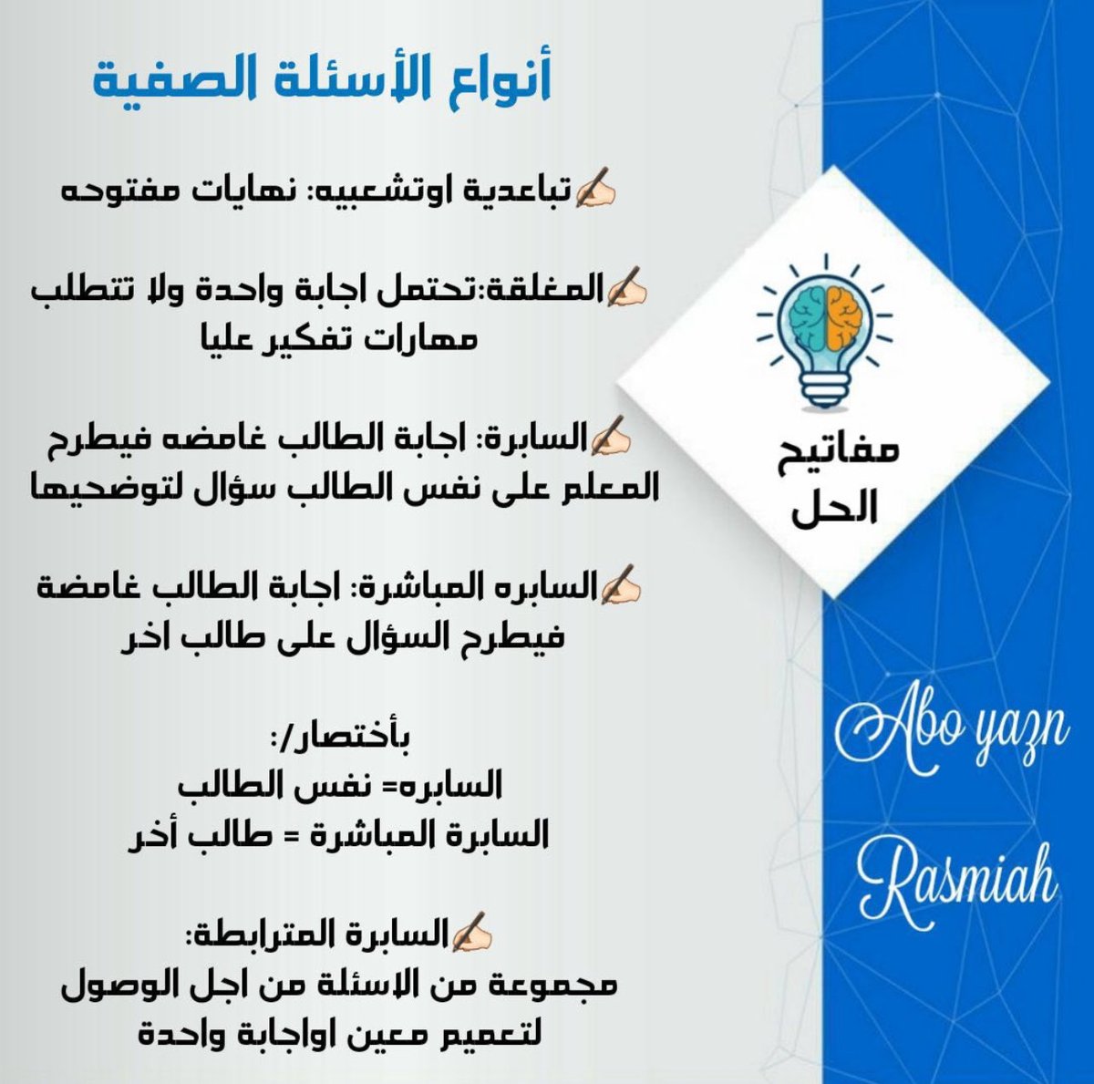 lloo779's tweet photo. #الرخصة_المهنية_التربوي_العام 

🟧 🔔 من أنواع الأسئلة الصفية❔

🔸التباعدية: (لها أكثر من إجابة)

🔸المغلقة: (لها إجابة واحدة) 

🔸السابرة: (سؤال لنفس الطالب)

🔸السابرة المباشرة: (ربط السؤال بطالب آخر)

🔸السابرة المترابطة: (مجموعة من الأسئلة للوصول لتعميم معين) https://t.co/7N79ItpA2M