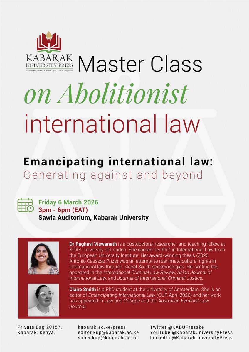 #KABUPress
We’re about to begin the Master Class on Abolitionist International Law hosted by Kabarak University Press.

📍 Sawia Auditorium, Kabarak University 🎙 Featuring Dr Raghavi Viswanath &amp; Claire Smith
Join online: kabarak-ac-ke.zoom.us/webinar/regist…

#InternationalLaw #GlobalSout