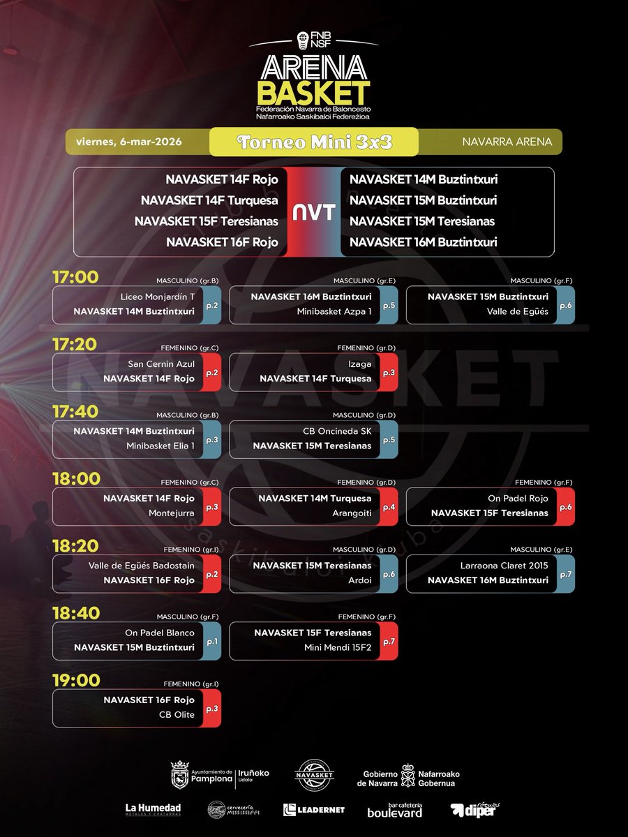 Navasket's tweet photo. 🏟️🏀 𝐀𝐫𝐞𝐧𝐚 𝐁𝐚𝐬𝐤𝐞𝐭 𝟐𝟎𝟐𝟔 🏀🏟️

Esta tarde, nuestros 8 equipos compuestos por jugadores/as nacidos en 2014, 2015 y 2016 disputarán un mínimo de 16 partidos en el pabellón Navarra Arena.

¡¡A disfrutar!!

👉: https://t.co/F9gg6QbEZy

#ArenaBasket #NavasketEsMás #NVT https://t.co/Fu7YYkjqQu