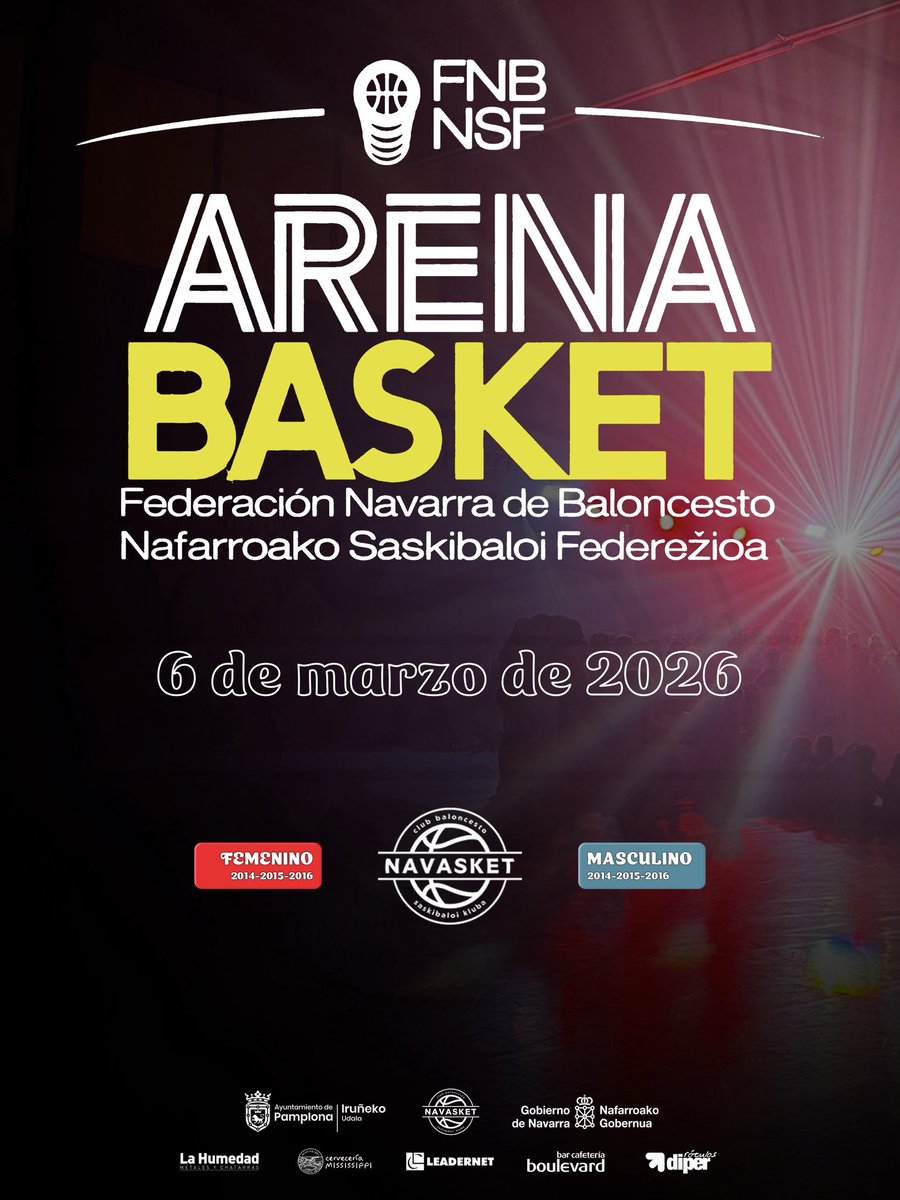 Navasket's tweet photo. 🏟️🏀 𝐀𝐫𝐞𝐧𝐚 𝐁𝐚𝐬𝐤𝐞𝐭 𝟐𝟎𝟐𝟔 🏀🏟️

Esta tarde, nuestros 8 equipos compuestos por jugadores/as nacidos en 2014, 2015 y 2016 disputarán un mínimo de 16 partidos en el pabellón Navarra Arena.

¡¡A disfrutar!!

👉: https://t.co/F9gg6QbEZy

#ArenaBasket #NavasketEsMás #NVT https://t.co/Fu7YYkjqQu