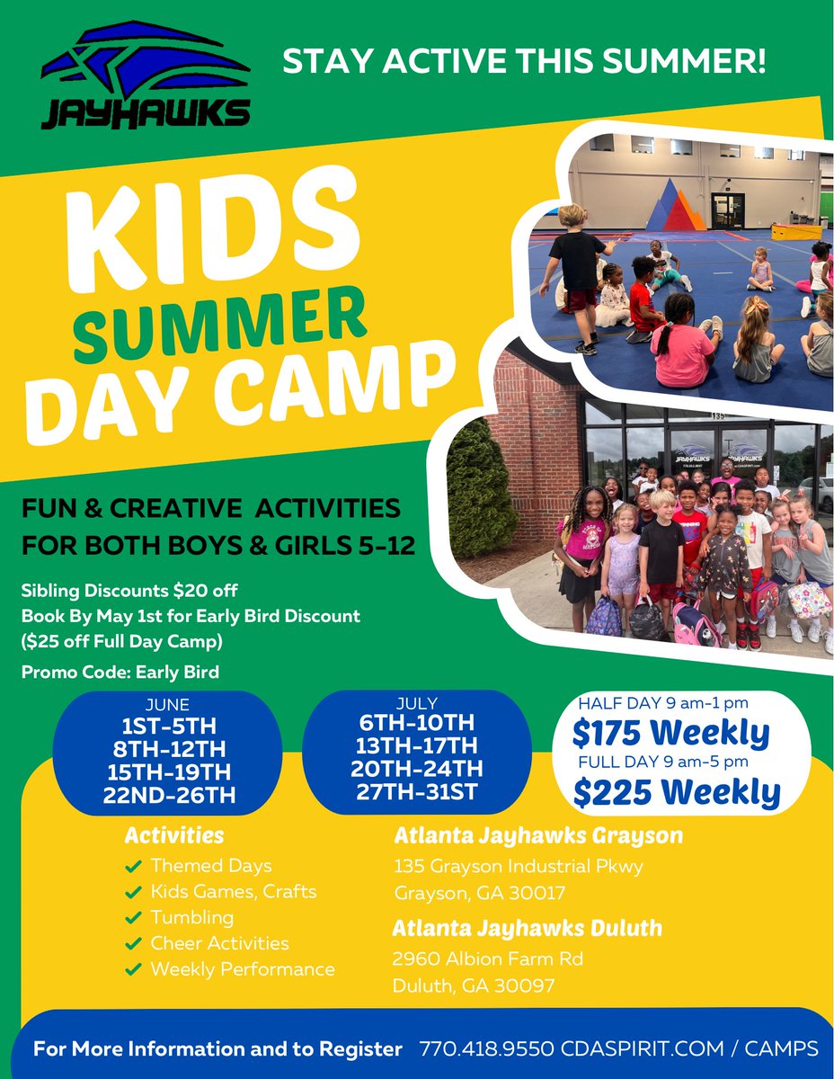 ATLJayHawksCDA's tweet image. Day Camp registration is officially open, so don’t miss out on securing a spot for your child! Visit cdaspirit.com to register and embark on a summer full of adventure. Let's make this summer unforgettable! #SummerFun #DayCamps #StayActive