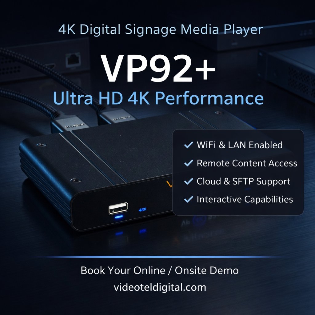 Videoteldigital's tweet photo. Experience powerful 4K performance with the VP92+ Digital Signage Media Player.
#VP92Plus #4KMediaPlayer #DigitalSignage #SmartDisplays #CommercialAV #InteractiveTechnology #BusinessInnovation #EnterpriseTech #CloudBasedSignage #VideotelDigital https://t.co/LRK5JYUQzP
