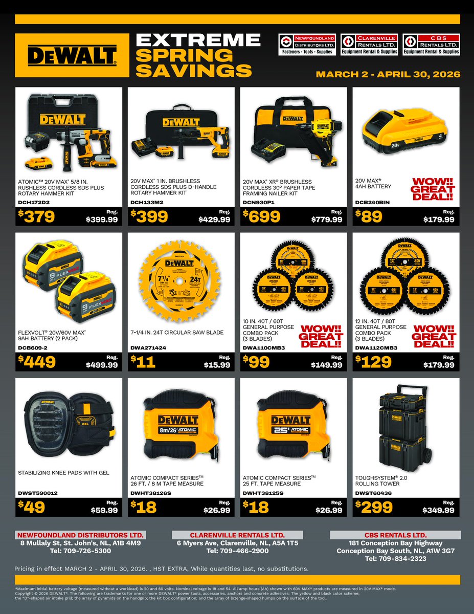 Believe it or not, spring projects are right around the corner and now's the perfect time to gear up with DeWALT Extreme Spring Savings!  💪 

📍 Available at NL Distributors, CBS Rentals and Clarenville Rentals
⌛ Offers valid until April 30, while supplies last.

#DeWALTDeals