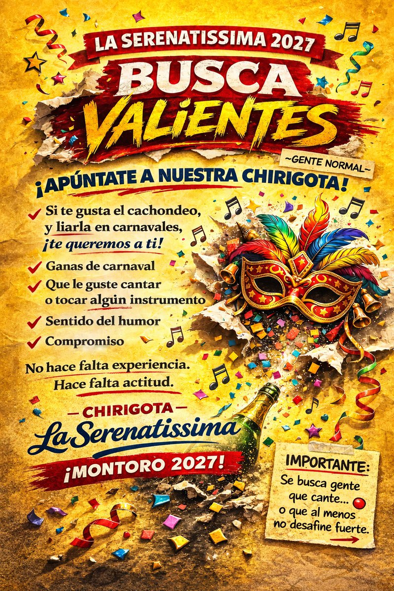 🎭 Chirigota de Montoro 2027 busca valientes.

Si te gusta el carnaval, cantar y el cachondeo… igual este es tu sitio.

Abrimos plazas para la chirigota 2027.

👉 Apúntate aquí: forms.gle/mwSps2b8As9fFc…

#Carnaval #Chirigota #Montoro