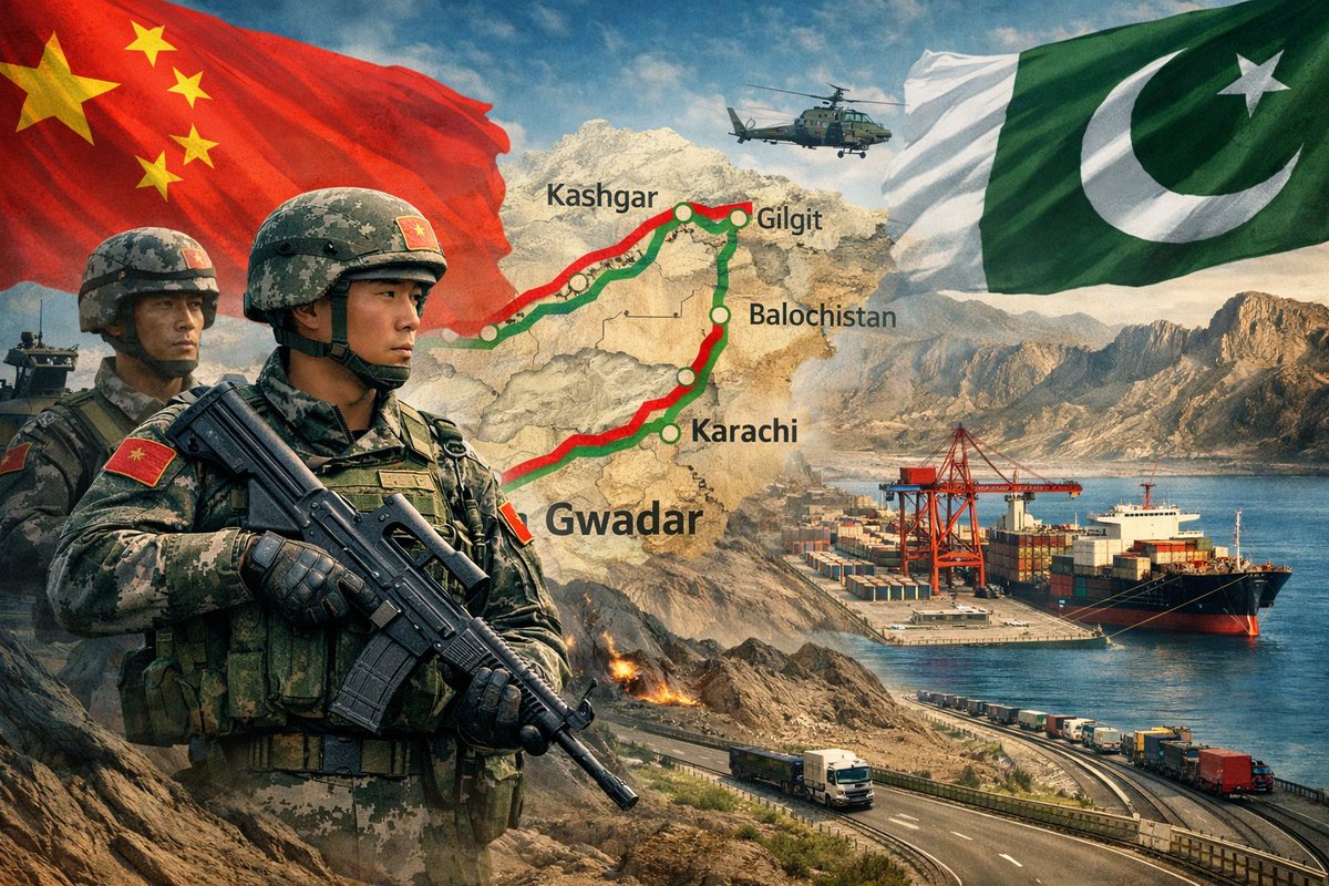 KaranIndia99's tweet photo. PLA Deployment for CPEC: China's Bold Move to Secure Its South Asia Lifeline?

China's $60B China-Pakistan Economic Corridor (CPEC)—BRI's crown jewel, links Xinjiang to Gwadar Port, bypassing the Malacca Strait chokepoint. But Baloch insurgents like the BLA keep hitting Chinese workers and sites, exposing Pakistan's shaky security despite its Special Security Division.Enter whispers of PLA troops deploying to guard CPEC. Not full counter-insurgency, but fortified zones at Gwadar, highways and energy hubs.....backed by drones, satellites and intel tech. PLA focuses on assets; Pakistan handles the fights. Hybrid model: Chinese troops PLUS private firms PLUS Pak Army.

US-Pak Ties? Doomed. Post-Afghanistan, Washington's out; China's in—economically and now militarily. Gwadar's dual-use vibe alarms the US, accelerating Indo-Pacific realignments and India-US defence pacts.

India's Nightmare: CPEC snakes through Gilgit-Baltistan (India's claim). PLA boots there EQUALS sovereignty flashpoint, turbocharges China-Pak axis, threatens Indian Ocean dominance. Delhi's response: beef up navy, alliances.

China's Balochistan Trap: Troops might shield projects but fuel local rage—CPEC seen as exploitative. Rugged terrain, tribal feuds EQUALS insurgent magnets. Beijing must pair guns with development or risk blow back.

Future? Militarised BRI. CPEC signals China's shift: economic corridors need steel spines. Gwadar could morph into Indian Ocean hub, deepening Pak integration.This isn't just security—it's geopolitics remade. China plants flags in Pakistan's backyard, upping great-power stakes in South Asia.

#CPEC #PLA #ChinaPakistan #Balochistan #IndiaChina #GeoPolitics #BRI #Gwadar #IndoPacific #SouthAsiaSecurity #StrategicAffairs
