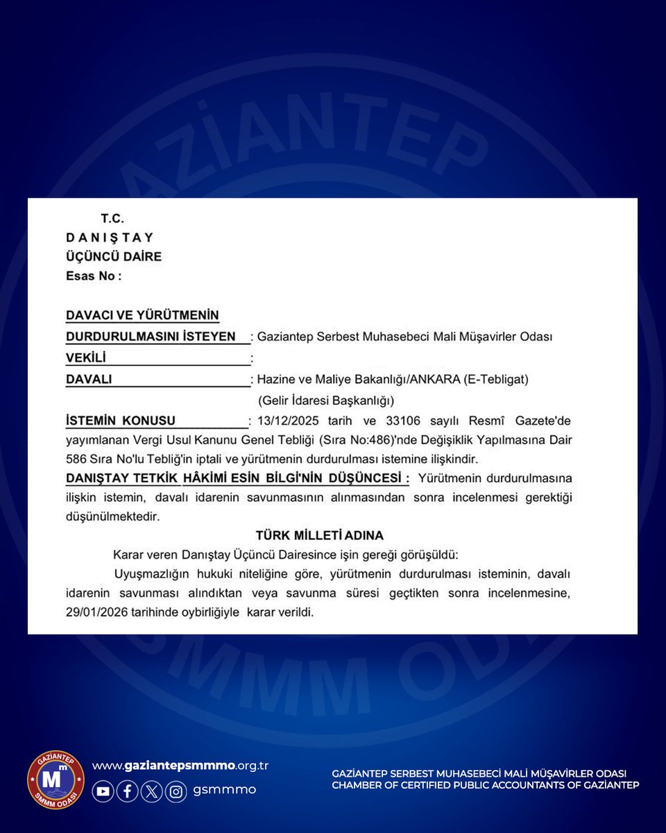 586 Sıra No’lu Tebliğ Davası Hakkında Önemli Gelişme