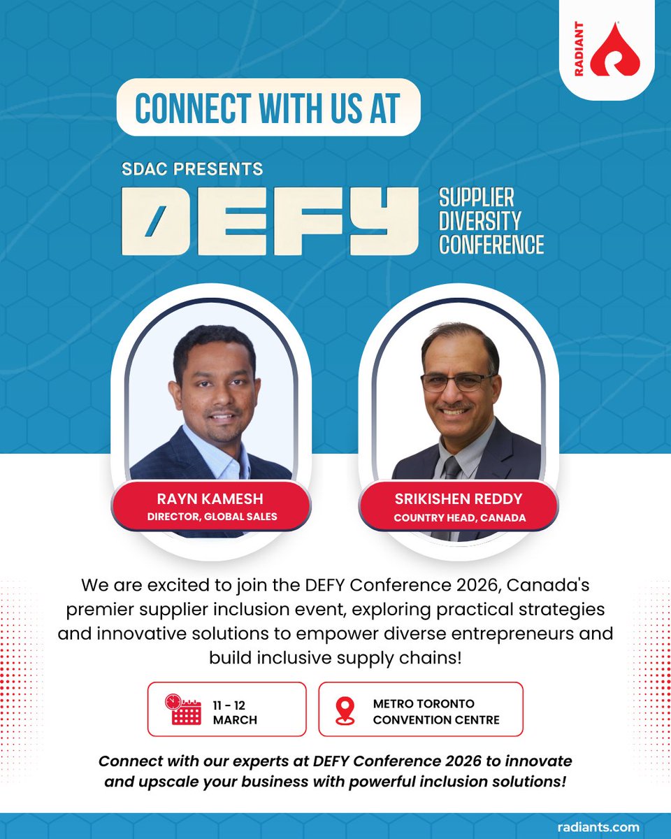 radiantsys_ca's tweet photo. Excited to announce that we will be attending CAMSC, DEFY Conference 2026 in Toronto on March 11–12!
Our experts will be there to connect, discuss inclusive supply chains and explore partnerships.  Catch up with us onsite!

.
#DEFYConference2026 #SupplierDiversity
#CAMSC https://t.co/ZHmBa72Jco