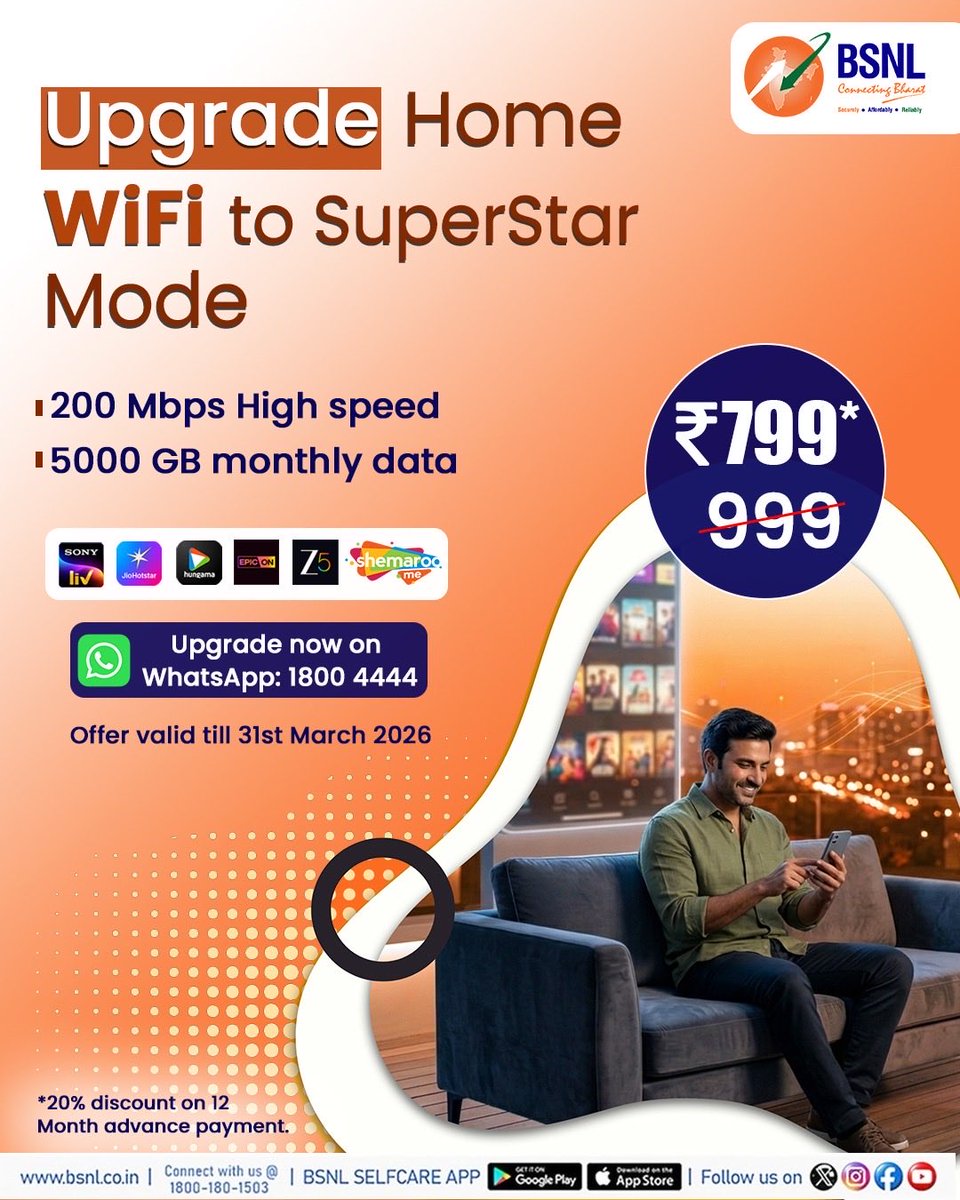 BSNLCorporate's tweet photo. All in one powerful connection... 

Upgrade to the ₹799 broadband plan from BSNL.

Enjoy 200 Mbps speed, 5000GB data, and OTT entertainment in one powerful connection.

#BSNLIndia #BudgetRecharge #StayConnected #UnlimitedCalling https://t.co/iGY2BsSjDz