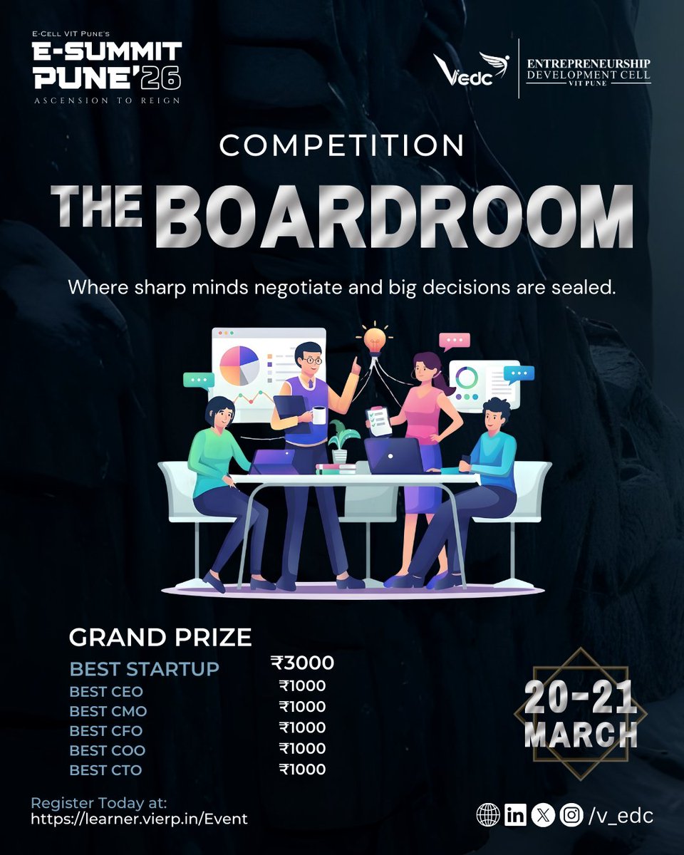 v_edc's tweet photo. Think like a founder and lead like a CEO at The Boardroom in E-Summit Pune ’26. 🚀 Test your strategy, teamwork, and decision-making in this startup simulation.

🏆 Best Startup ₹3000

📅 20–21 March

#ESummitPune #StartupSimulation #Leadership #EntrepreneurMindset #Innovation https://t.co/lmtLJ39Mlc