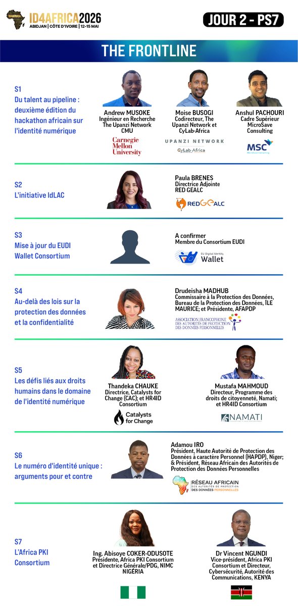 🚨Nouveauté à #ID4Africa2026 : En 1ère ligne

Une séance plénière dynamique Jour 2, avec des présentations percutantes de leaders à la pointe de l’ID numérique. Au programme : risques émergents, avancées majeures et appels à l’action urgents

Inscription : lnkd.in/eibjCUCk
