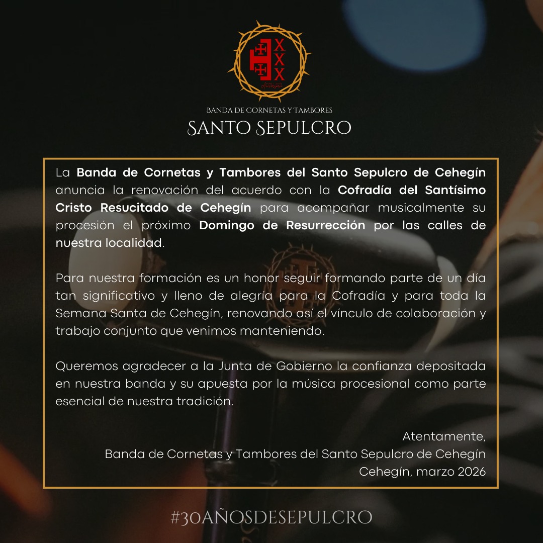 BandaSSepulcro's tweet photo. 🗓️ | 𝐃𝐎𝐌𝐈𝐍𝐆𝐎 𝐃𝐄 𝐑𝐄𝐒𝐔𝐑𝐑𝐄𝐂𝐂𝐈𝐎𝐍 𝟐𝟎𝟐𝟔

Cofradía del Santo Cristo Resucitado - Cehegín

#30añosdesepulcro ♥️🖤

🔗 https://t.co/3vCxZPLAzR

#SemanaSanta #procesion #domingoresurrecion #murcia https://t.co/aIq0OGSKGj
