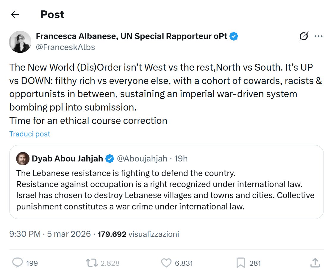 "È giunto il momento di una correzione di rotta etica, quindi riposto questo ex membro di Hezbollah che elogia i terroristi che hanno lanciato attacchi contro i civili israeliani e agito contro gli interessi nazionali e la sovranità del Libano"

Francesca Albanese al suo meglio👇