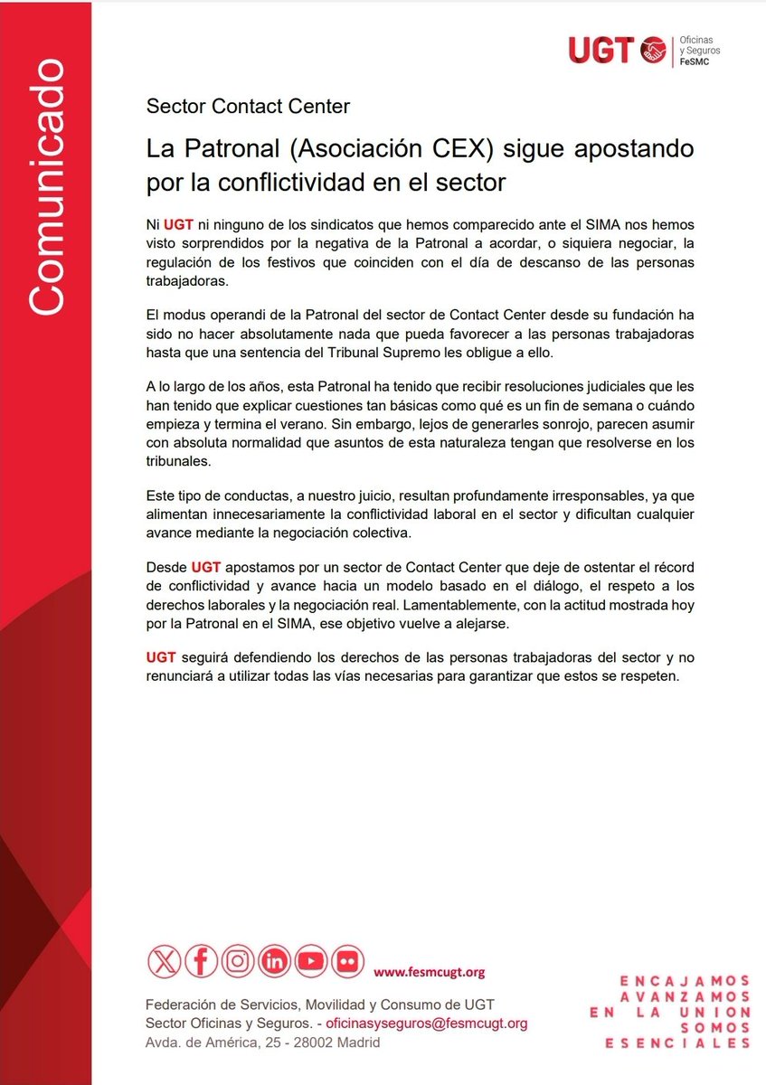 oysugt's tweet image. 🔴 Sector Contact Center 🔴
Hoy, tras reunirnos con la patronal del sector, y ante su apuesta por la conflictividad, #UGT seguirá defendiendo los derechos de las personas trabajadoras de #ContactCenter y no renunciamos a utilizar otras las vías para garantizar que se respeten.