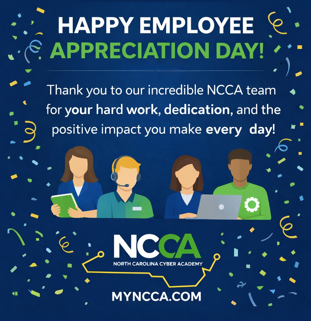 On Employee Appreciation Day, we want to take a moment to recognize and celebrate the incredible team that makes the North Carolina Cyber Academy such a special place. Every day, our teachers, staff, administrators &amp; support teams work tirelessly to serve students! Thank you!