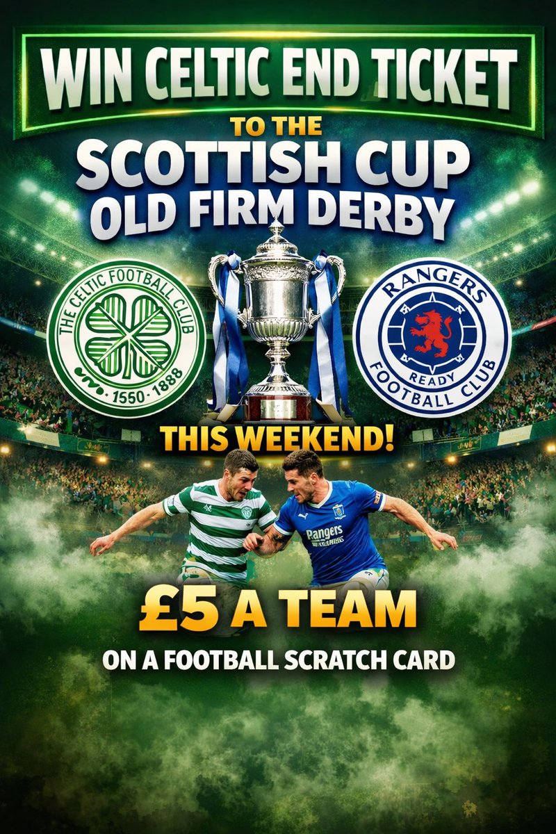 Fundraising Football Card £5 a shot to Win a Celtic End ticket for this weekends Scottish Cup Game between Rangers / Celtic . 
Payment Details on the picture