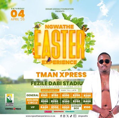 Xitsundzuxo_'s tweet photo. ๐จ Tickets now live! Computicket brings you Ngwathe Easter Experience Festival 2026. Donโt miss out. #NgwatheEasterExperience #FreeStateEvents https://t.co/unzKsb6sU1