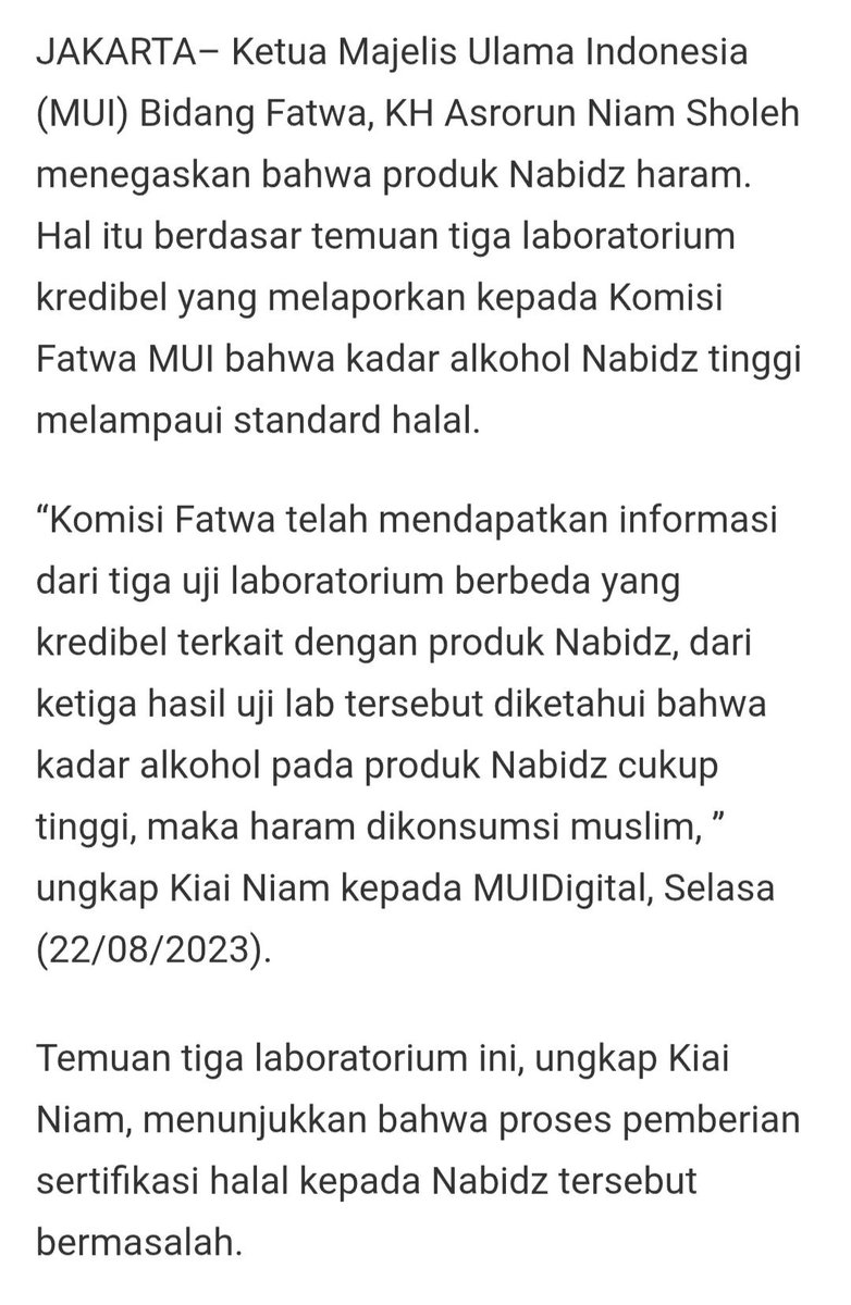 Arbiarso_W's tweet photo. Namanya dibikin berkesan islami, Nabidz, supaya mudah mengklaim halal.

Belum sama klaim-klaim berlebihan soal efek kesehatan dan pengobatannya.

Omong kosong itu yang keluar dari mulutnya. Allah aja berani dia lawan, apalagi manusia. https://t.co/AXjdI9IcNx