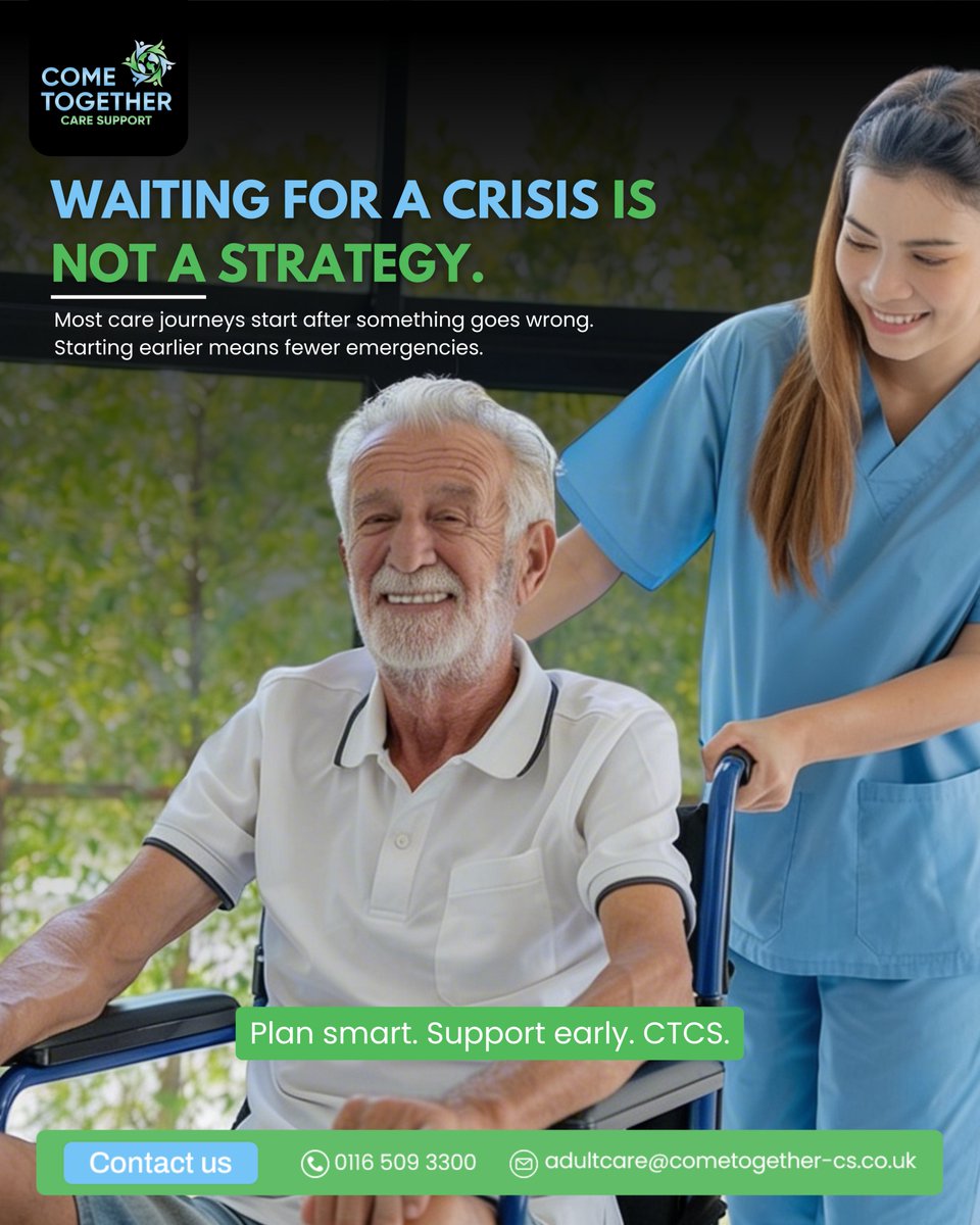 ctcscare's tweet image. Don’t wait for a crisis. Early care support makes a difference. CTCS UK.

Contact us:
📲0116 509 3300
📩adultcare@cometogether-cs.co.uk

#PreventativeCare #HomeCareUK #CTCS #CarePlanning