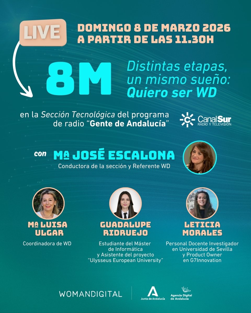 ¿Y qué mejor forma de conmemorar el #8M #DíaInternacionalDeLaMujer que visibilizando el #TalentoFemenino #MujerTIC #MujerSTEM de #Andalucía ?

Porque la ciencia y la tecnología son la base de nuestra sociedad digital, y porque el presente y el futuro de la innovación dependen de
