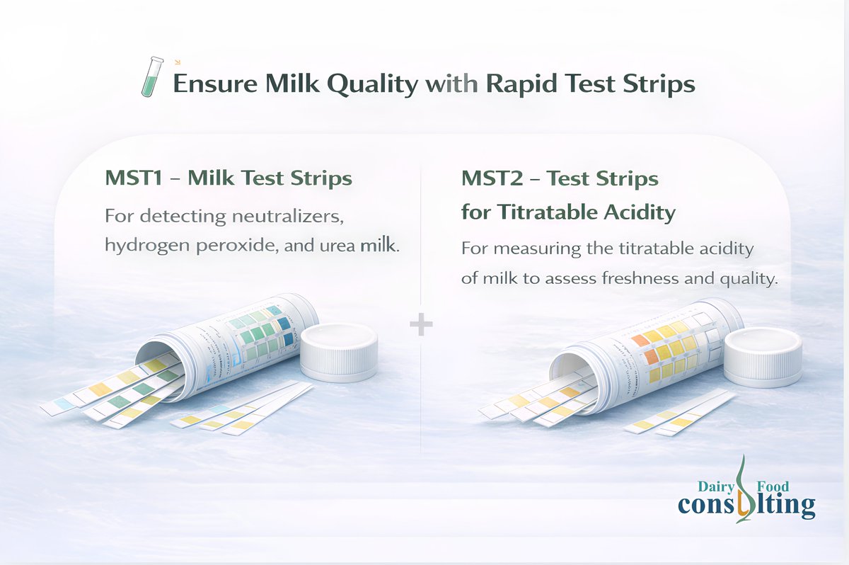 dclafrica's tweet photo. 🥛 Ensure milk quality with rapid test strips.

🧪 MST1 – Detects neutralizers, hydrogen peroxide &amp; urea.
🧪 MST2 – Measures titratable acidity to assess freshness.
Fast screening. Better quality control. Safer dairy processing.

#MilkTesting #FoodSafety #DairyProcessing https://t.co/fS62xg4inh