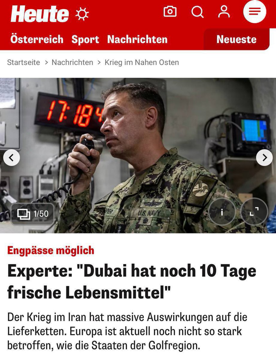 shanaka86's tweet photo. JUST IN: The CEO of one of the world’s largest logistics companies told Swiss broadcaster SRF on March 5 that Dubai has approximately ten days of fresh food left. That sentence has not appeared on a single major English-language front page. It should be the headline.

Stefan Paul, CEO of Kuehne and Nagel, was not speaking hyperbolically. He was reading his company’s supply chain data. Dubai and the broader Gulf import between 80 and 90 percent of their food. Approximately 70 percent of GCC foodstuffs transit the Strait of Hormuz. The strait has been closed to commercial traffic since February 28. Global air cargo capacity serving the Middle East fell 22 percent between February 28 and March 3, according to Aevean data published through Reuters. Jebel Ali, the port that serves 50 million people across the Gulf and serves as the regional hub through which the vast majority of Dubai’s perishable imports flow, was struck and suspended operations, with partial resumption beginning March 5.

Ten days of fresh produce is what you have when the ship lanes close, the air routes collapse, and the port is hit simultaneously.

Fresh produce is not canned goods. It is not strategic reserves. It is the strawberries, the tomatoes, the lettuce, the mangoes, the herbs, and the dairy that make a modern city function as a modern city. These products have days of shelf life, not weeks or months. They cannot be rerouted around the Cape of Good Hope because the Cape of Good Hope adds four to six weeks to a transit and a strawberry does not survive four to six weeks in a container. When the routes close, the perishable category depletes in real time with no backstop.

Dubai is one of the wealthiest cities on earth. It has the fiscal capacity, the sovereign wealth, and the logistical relationships to acquire food from anywhere. The problem is not money. The problem is physics. You cannot teleport produce from Spain or Kenya or India onto Dubai supermarket shelves when the air cargo lanes are 22 percent contracted and the port is still recovering from Iranian strikes. The money is willing. The infrastructure is not available.

The ten-day figure is a fresh produce specific estimate, not a total food supply figure. Dubai has substantial dry goods, frozen stocks, and strategic grain reserves maintained by the UAE government. The population is not facing famine. What it is facing is the moment when the visible symbol of a globalized, prosperous, interconnected city, a fully stocked supermarket, begins to thin. That thinning is a political event as much as a logistical one. The UAE government has absorbed 1,072 Iranian drones, suspended 70 percent of regional flights, watched its data centers targeted, and seen its Fujairah bypass route threatened. Empty produce aisles in Dubai Spinneys is the point where the population that has so far watched the war with alarm rather than hunger begins to feel it directly.

The war’s civilian transmission mechanism has arrived. Not through inflation statistics that take months to compile. Through the absence of tomatoes.

Iran has now demonstrated it can reach the molecular composition of the food supply of its adversaries’ allied cities within ten days of opening hostilities. That is an entirely new category of coercive leverage. It does not require a weapon capable of hitting a supermarket. It only requires the ability to close the routes that the supermarket depends on.

The bypass route for oil was Fujairah. The bypass route for food was air cargo. Both are now compromised. There is no third route.

https://t.co/ULBgEzZ3A8