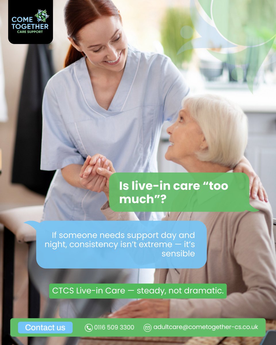 ctcscare's tweet image. Live-in care isn’t extreme. It’s consistent support when needs are ongoing. CTCS UK.
Contact us:
📲0116 509 3300
📩adultcare@cometogether-cs.co.uk
#LiveInCareUK #24HourCare #CTCS #HomeCare