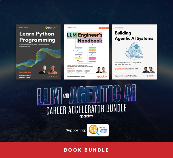 Sonia18112013's tweet photo. New #HumbleBundle with many technical books!
Humble #TechBook Bundle: #LLMs and #AgenticAI Career Accelerator Bundle by Packt (pay what you want and help charity)
Find it here- https://t.co/21lBn0bmNx
You can pay what you want and support World Central Kitchen. The bundle contains many great technical books, including the LLM Engineer's Handbook, Building Agentic Systems, GenAI with Langchain- Second Edition amongst others. :)