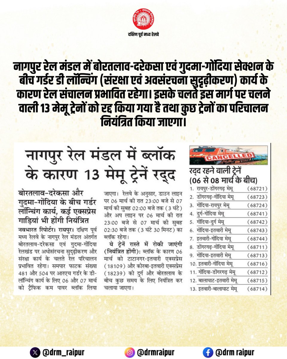 drm_raipur's tweet image. रेल परिचालन संबंधी महत्वपूर्ण सूचना। 
नागपुर रेल मंडल में कार्य के कारण कुछ मेमू ट्रेनों का परिचालन प्रभावित रहेगा।

@RailMinIndia @secrail @GMSECR 

#RailUpdate #TrainUpdate #SECR #raipurdivision