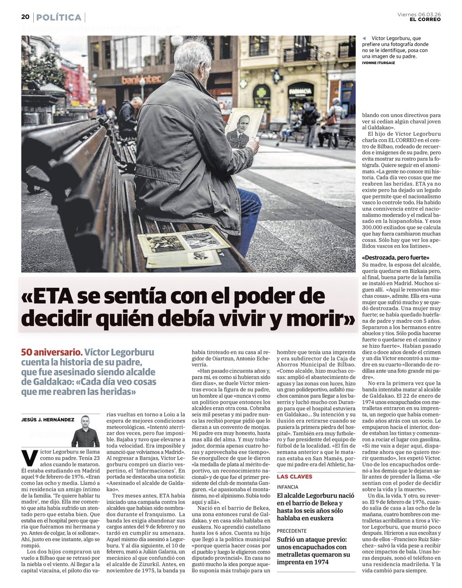 CovitePV's tweet image. Víctor Legorburu fue asesinado por #ETA el 9/02/1976.

Era alcalde de Galdácano y había sufrido ataques y campañas de persecución antes de ser asesinado.

Su hijo Víctor afirma, con razón, que «ETA se sentía con el poder de decidir quién debía vivir y morir».

Y que hoy, más de