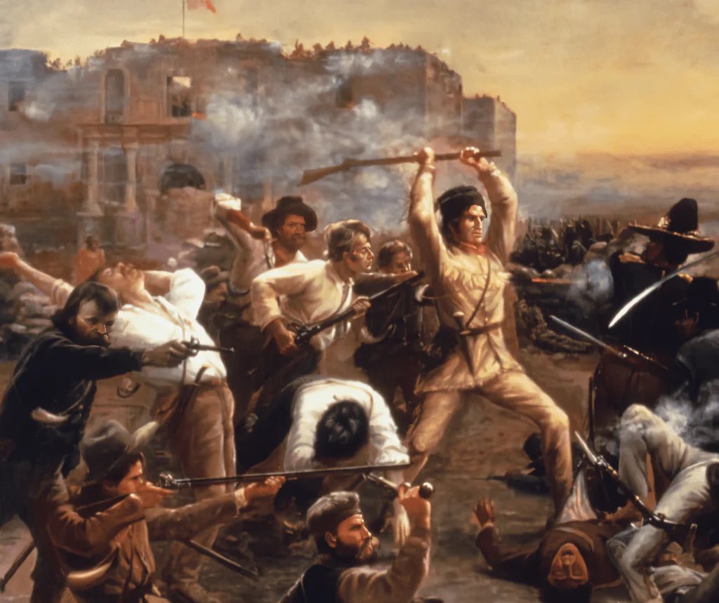 MericaCulture's tweet photo. Today in American History: 1836

Remember the Alamo! 

After a 13-day siege during the Texas Revolution, Mexican forces under the evil General Santa Anna overran the Alamo mission in San Antonio. 

Nearly all the heroic Texian defenders were killed, including legendary figures like Davy Crockett, Jim Bowie, and William Travis. This defeat became a rallying cry (“Remember the Alamo!”) that fueled Texian victory at San Jacinto and eventual independence from Mexico, later contributing to U.S. annexation of Texas.