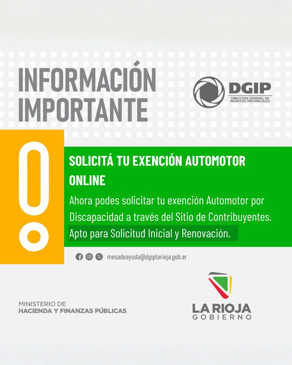DGIPLaRioja's tweet photo. ¡Más facilidad para los contribuyentes! 🙌 Ya podés solicitar la Exención Automotor por Discapacidad de forma ONLINE.

🔹 Válido para Solicitud Inicial y Renovación.

💻 Realizalo en el sitio web de la DGIP.
Más info mesadeayuda@dgiplarioja.gob.ar
#LaRioja #Trámites #DGIP https://t.co/9BqSqIsQel
