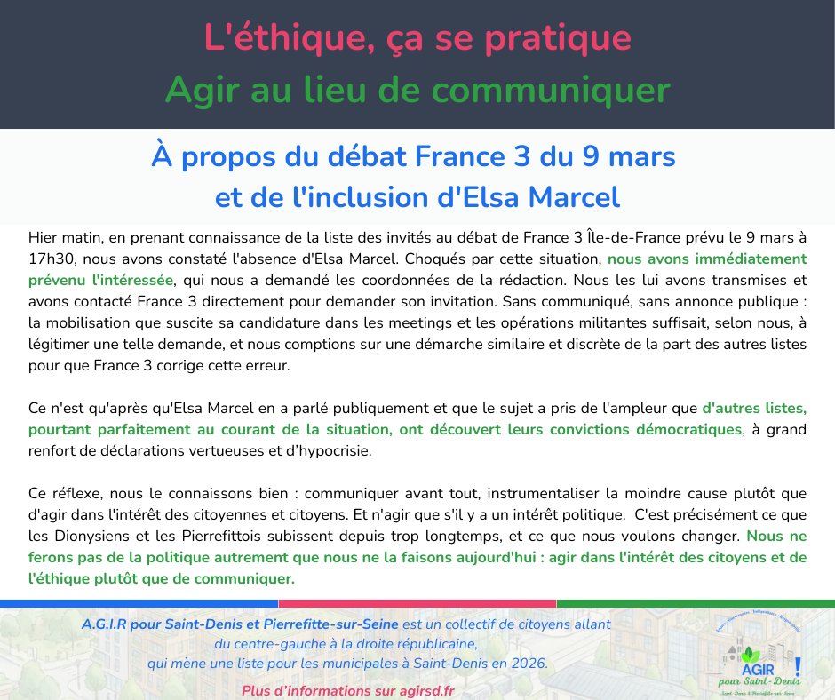 Notre ligne constante : agir dans l'intérêt des citoyens et de l'éthique plutôt que de communiquer.

#municipales2026 #debat #saintdenis #saintdenis93 #pierrefittesurseine
