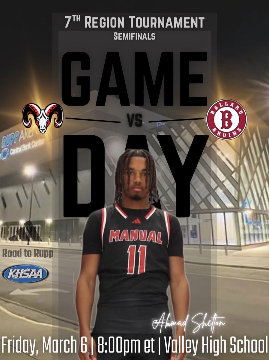 duPontManualBB's tweet photo. GAME DAY!!

*7th Region Tournament*

🆚 Ballard
📍 Valley High School
🕗 8:00 PM ET
📺 https://t.co/YetzF6fiRV

#RamsUp #OneTeamOneGoalWin https://t.co/8nDm8imhJ1