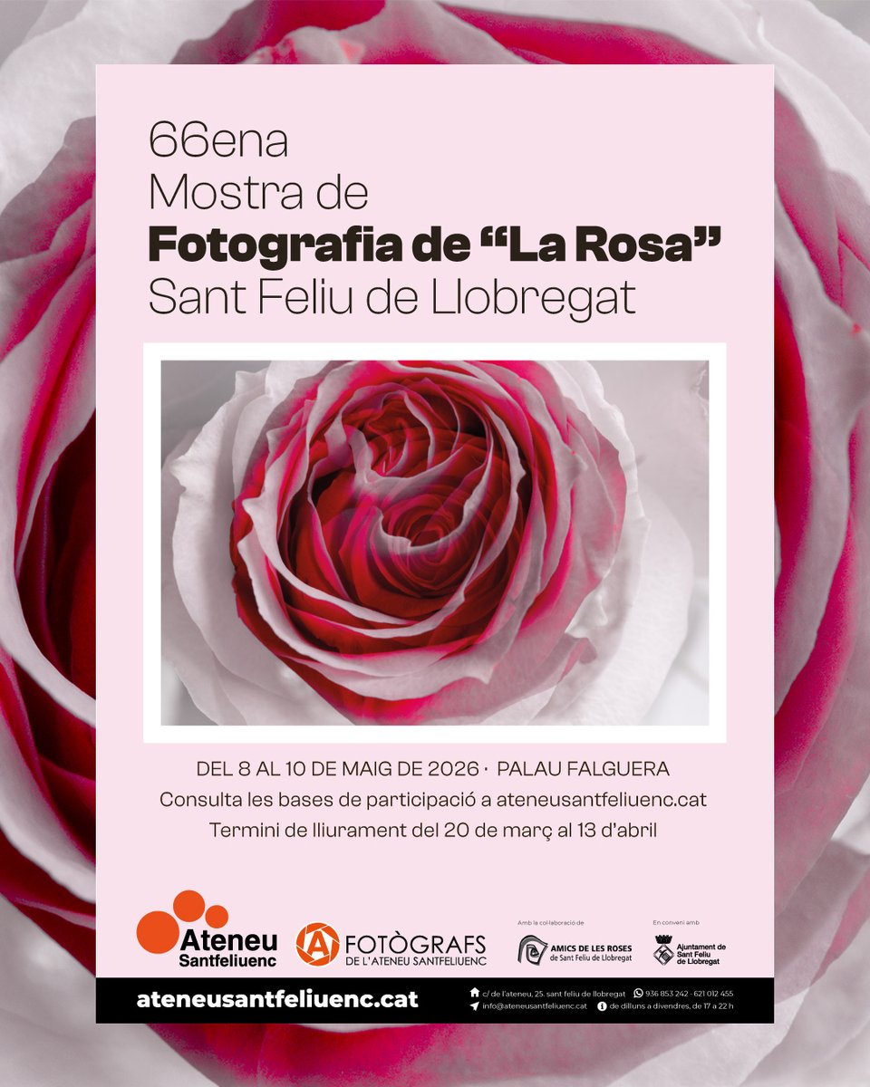 ateneusf's tweet photo. Convocatòria per la Mostra de Fotografia “La Rosa” 2026 de Sant Feliu de Llobregat
https://t.co/4eKAlmipta
#festadeprimavera #fotografia #ateneu #cultura #santfeliu https://t.co/4xDI1SOvwL