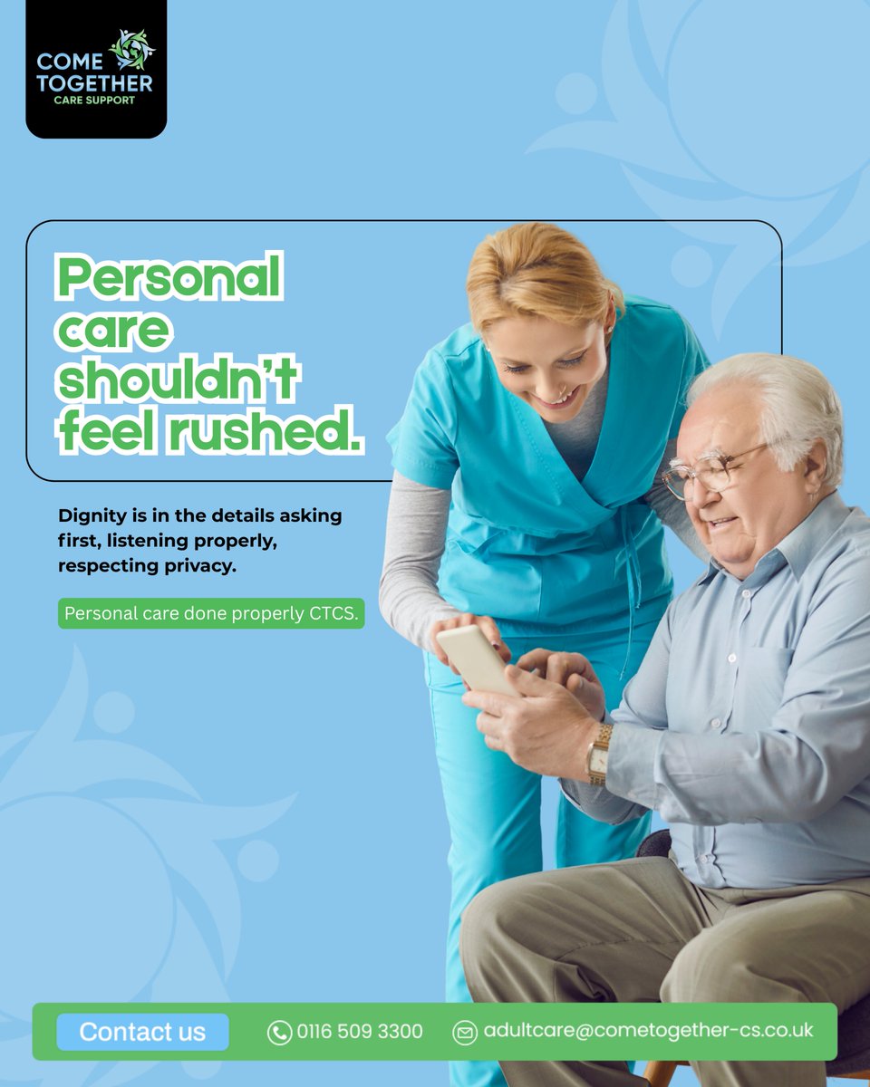 ctcscare's tweet image. Personal care should feel respectful, not clinical. CTCS provides dignified support at home.

Contact us:
📲0116 509 3300
📩adultcare@cometogether-cs.co.uk
#PersonalCareUK #DignifiedCare #CTCS #CareAtHome