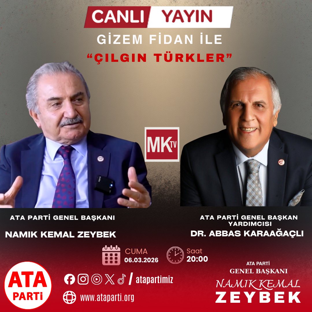 Genel Başkanımız           
Sayın Namık Kemal ZEYBEK  ve
Genel Başkan Yardımcımız 
Sayın  Dr. Abbas KARAAĞAÇLI                         

MK TV ekranlarında              
#Canlı yayınlanan              
Gizem Fidan ile #ÇılgınTürkler            
adlı programa katılacaklardır.