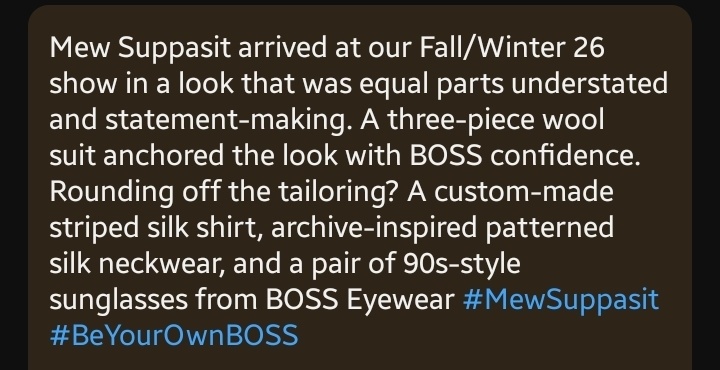 MonnoMew's tweet photo. " Guest spotlight: Mew Suppasit | Fall/Winter 26 Fashion Show "

📍 https://t.co/5ZqpPROrMB

MEW AT MILAN FW26

@MSuppasit
#BossFW26xMew
#MewSuppasit
#BossFW26
#BeYourOwnBOSS https://t.co/pXl7MzyWxV