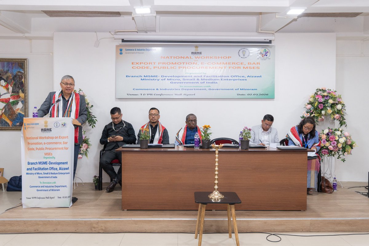 BrMSMEDFOAizawl's tweet photo. This office organized National Workshop on 'Export Promotion, E-commerece, Bar Code, Public Procurement of MSEs' under PMS Scheme on 02.03.2026 at I&amp;PR conference Hall, Aizawl https://t.co/8iRMB2bxth https://t.co/gr3Zfng6aD https://t.co/m3rawxuzdj