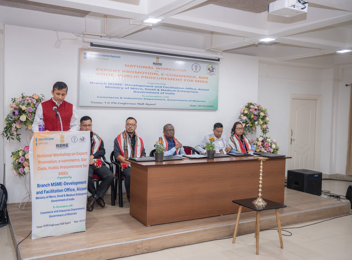 BrMSMEDFOAizawl's tweet photo. This office organized National Workshop on 'Export Promotion, E-commerece, Bar Code, Public Procurement of MSEs' under PMS Scheme on 02.03.2026 at I&amp;PR conference Hall, Aizawl https://t.co/8iRMB2bxth https://t.co/gr3Zfng6aD https://t.co/m3rawxuzdj