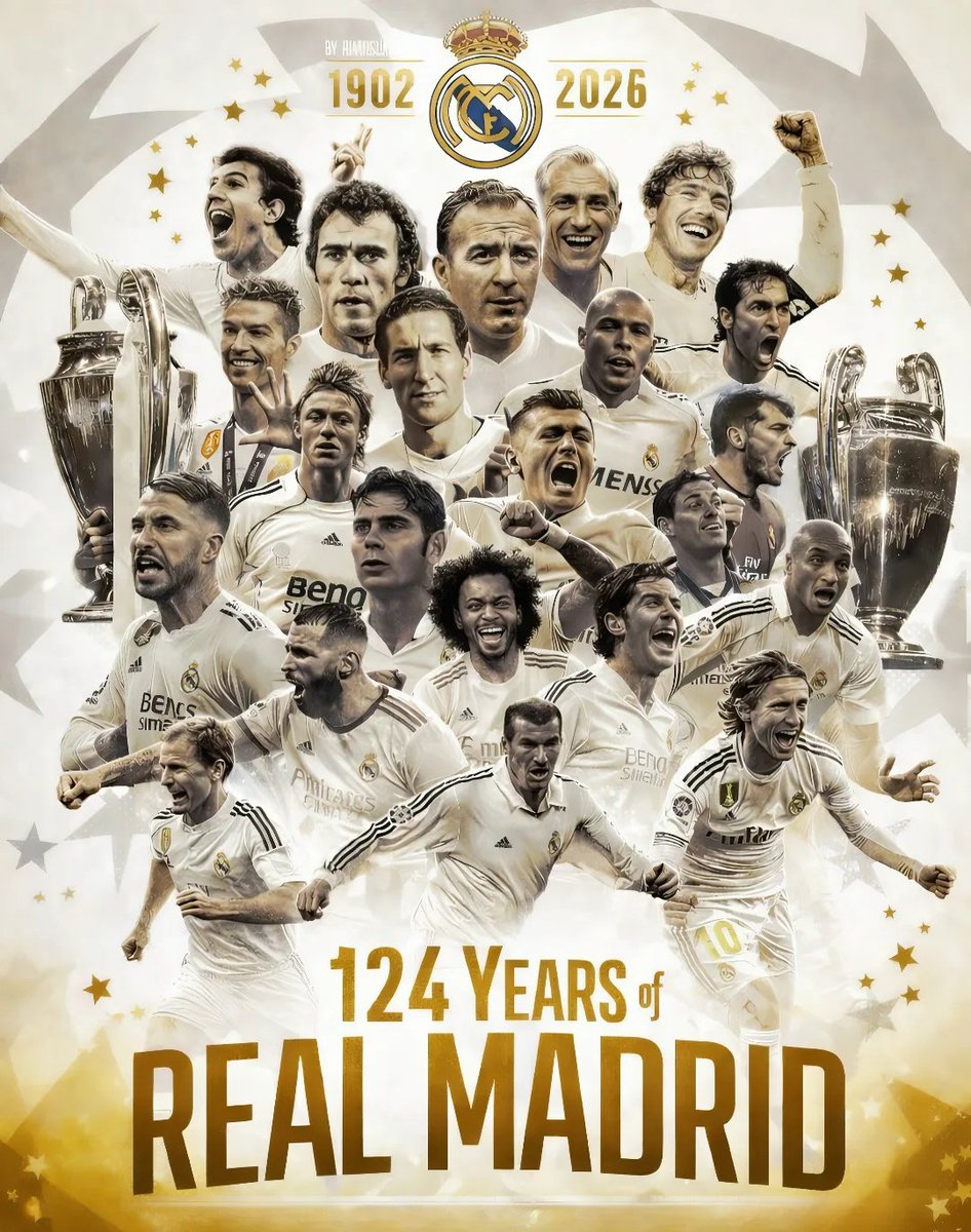 𝗥𝗲𝗮𝗹 𝗠𝗮𝗱𝗿𝗶𝗱 𝗰𝗼𝗺𝗽𝗹𝗲𝘁𝗮 𝟭𝟮𝟰 𝗮𝗻𝗼𝘀 :
  
🏆 6x Mundial de Clubes
🏆 3x Copa Intercontinental
🏆 15x UEFA Champions League
🏆 2x UEFA Europa League
🏆 6x UEFA Super Cup
🏆 36x Campeonato Espanhol
🏆 20x Copa da Espanha
🏆 1x Copa da Liga Espanhola
🏆 13x