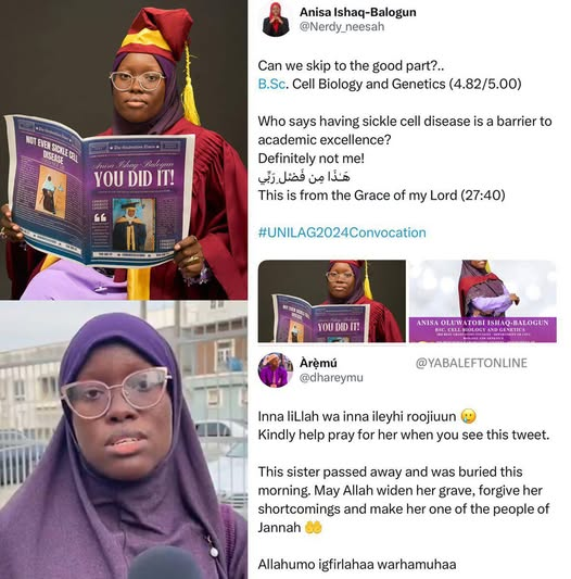 Lady with sickle cell sadly passes away one year after earning a first-class degree from UNILAG.