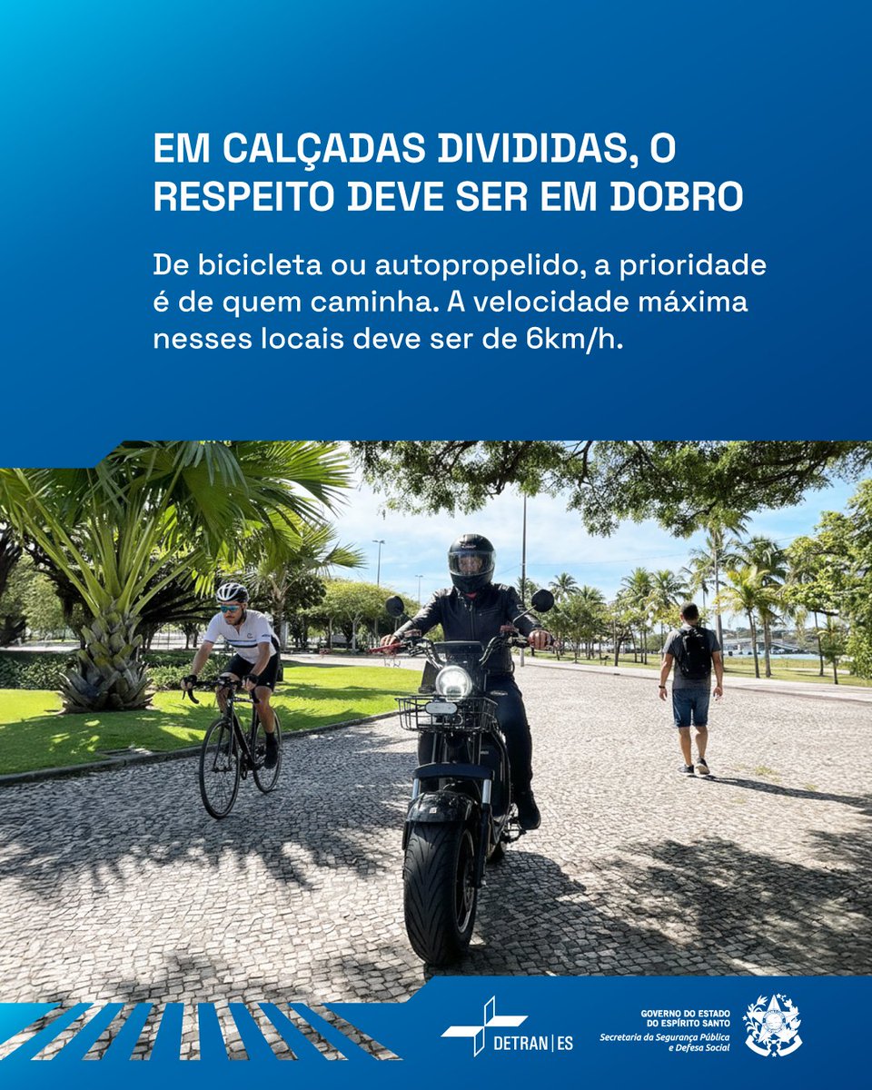 Em via compartilhada, ciclomotores e autopropelidos devem circular a até 6 km/h. Prioridade é do pedestre.
#TrânsitoSeguro #ViaCompartilhada #DetranES
