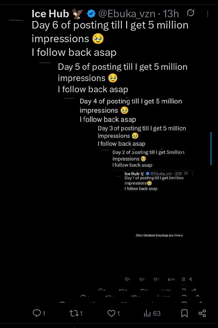 Day 7 of posting till I get 5 million impressions 🥹 
I follow back asap