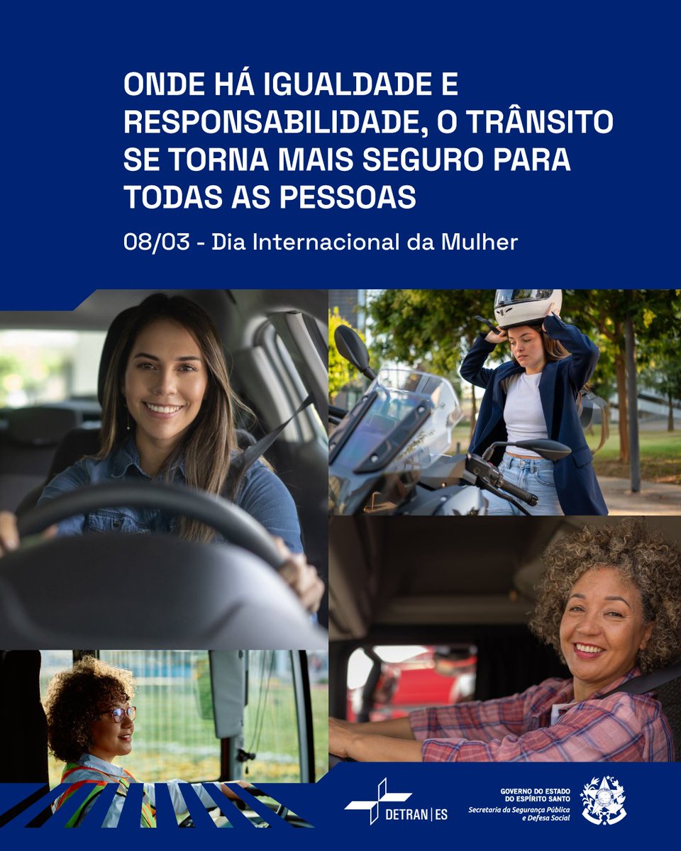 Igualdade e responsabilidade tornam o trânsito mais seguro para todas as pessoas.
#DiaInternacionalDaMulher #TrânsitoSeguro #DetranES
