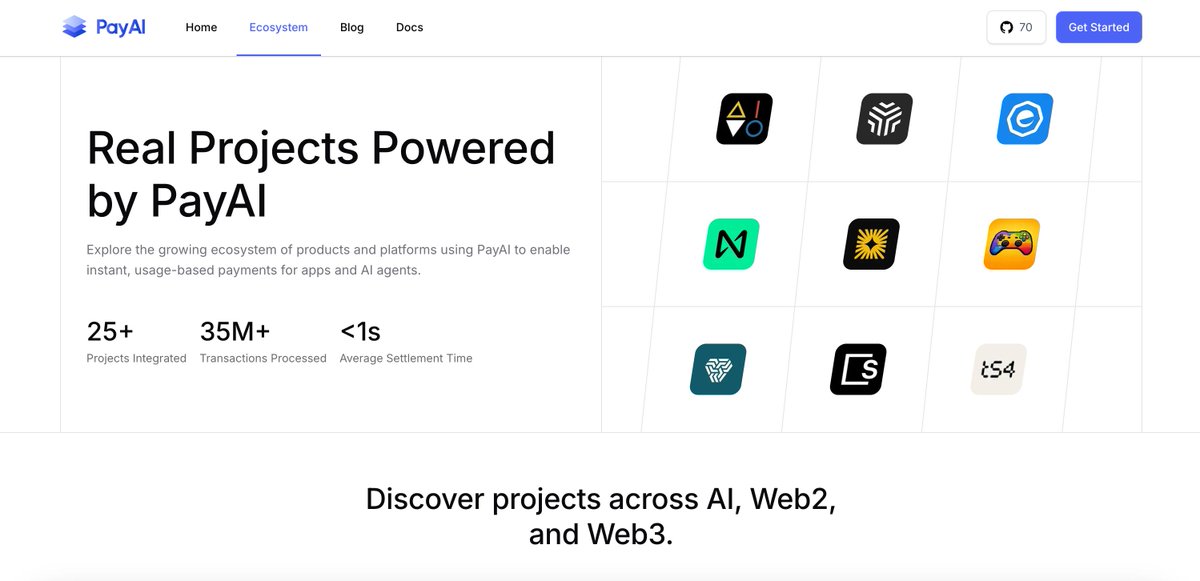 PayAINetwork's tweet photo. 2/ Ecosystem Projects

The new Ecosystem page highlights projects already building with PayAI and x402 infrastructure.

Explore the builders shaping the agent economy 👇
https://t.co/xizaxBA2KU https://t.co/ZKPbR7XCyK
