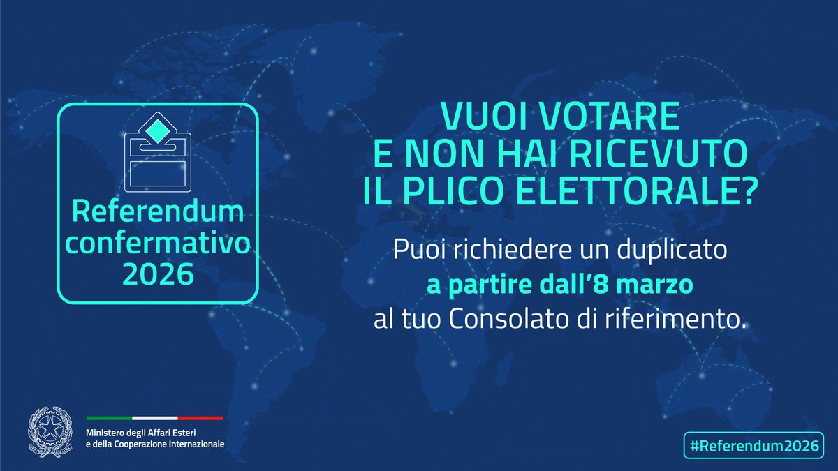 📩Se non hai ancora ricevuto il plico elettorale, potrai richiedere un Duplicato presso questo Consolato a partire dall'8 marzo. 
⚠️Per maggiori informazioni su giorni e orari di ricevimento si invita a consultare il sito web del Consolato al link👇
consmardelplata.esteri.it/it/referendum-…