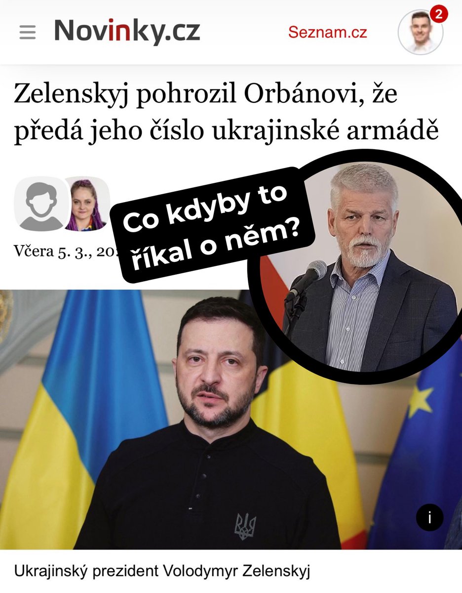 vondraczech_cz's tweet photo. Umíte si přestavit ten rozechvělý hlas a výraz tváře, kdyby Zelensky mluvil o Petru Pavlovi? Bylo by to vydírání? Nebezpečné vyhrožování? Nebo přímo návod k vraždě? Zapojil by do vyšetřování naše tajné služby? Nebo by si s nim brzy vesele potřásl rukou jako s Ahmadem Šarou, členem al-Káidy a prezidentem Sýrie?