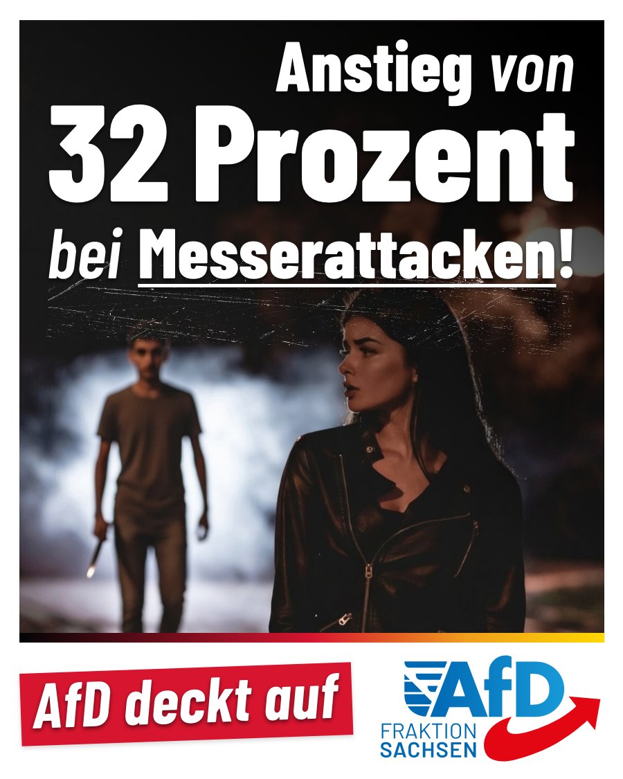 AfD_SLT's tweet photo. Im zweiten Halbjahr 2025 kam es in Sachsen zu 1.277 #Messerattacken (Drs. 8/5530). Im ersten Halbjahr 2025 waren es 1.072 (Drs. 8/3476). Im zweiten Halbjahr 2024 lag der Wert bei 968 (Drs. 8/1040).
Es ergibt sich somit eine Steigerung um 32 Prozent innerhalb eines Jahres. Der Anteil von Ausländern an allen Straftaten mit Waffen liegt bei 38 Prozent.
Die Anfragen gestellt hat der innenpolitische Sprecher der sächsischen AfD-Fraktion, @SebastianWippel . Zu den Ergebnissen erklärt er:
„#Messergewalt muss härter bestraft werden. Wer ein Messer einsetzt, nimmt tödliche Verletzungen in Kauf. Wenn Gerichte die Täter mit Bewährungsstrafen davonkommen lassen, finde ich das erschütternd und gefährlich.
Wir fordern deshalb die Regierung zu einer Verschärfung des Strafrechts auf (8/5618). Messerangriffe müssen grundsätzlich als Verbrechen geahndet werden und für die Täter im Gefängnis enden.
Der hohe Ausländeranteil lässt zudem nur eine Schlussfolgerung zu: Solche Personen müssen so schnell wie möglich abgeschoben werden.“
#AfD #Sachsen #Messergewalt #Straftaten #Ausländeranteil #Waffengewalt #Strafrecht #Sicherheit #Justiz #Gefängnis