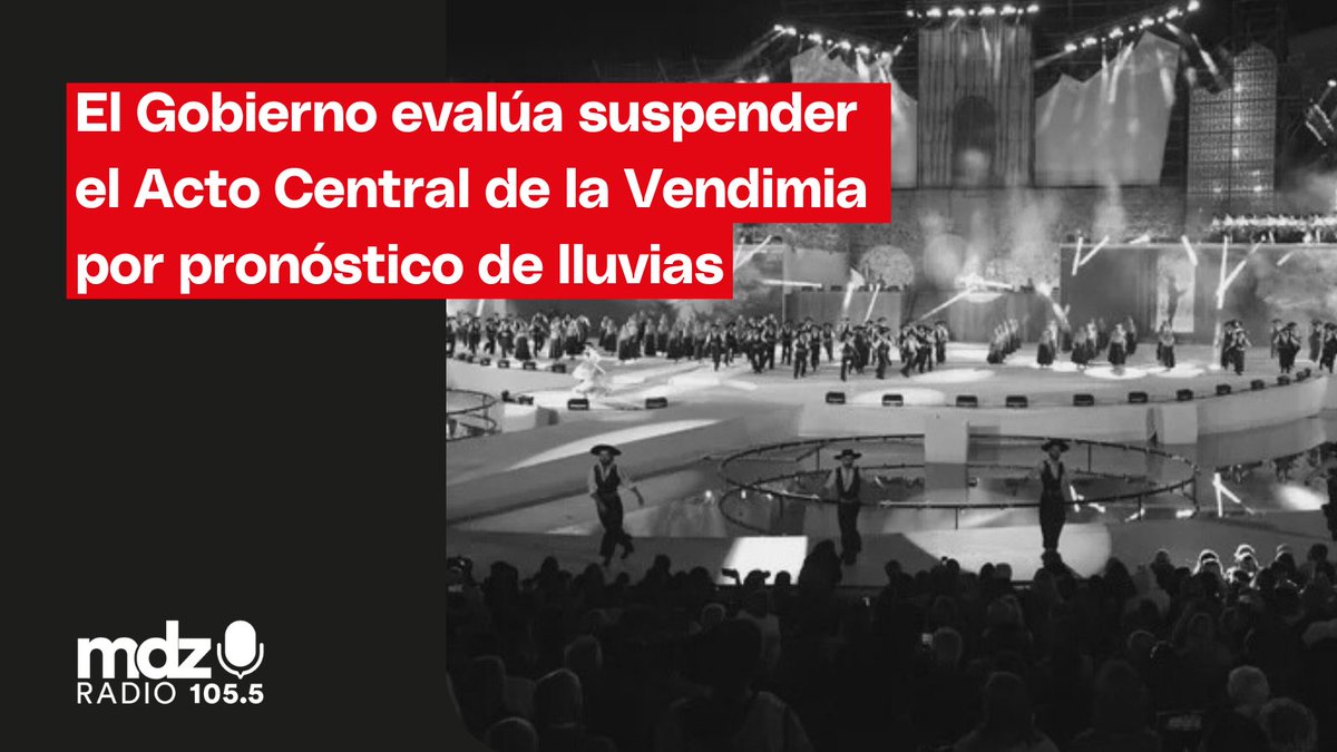 #URGENTE El Gobierno de Mendoza analiza por estas horas si suspende el Acto Central de la Fiesta Nacional de la Vendimia 2026 a raíz del pronóstico de lluvias para este sábado 7 de febrero.

Desde el Ejecutivo provincial indicaron que están monitoreando de manera permanente la