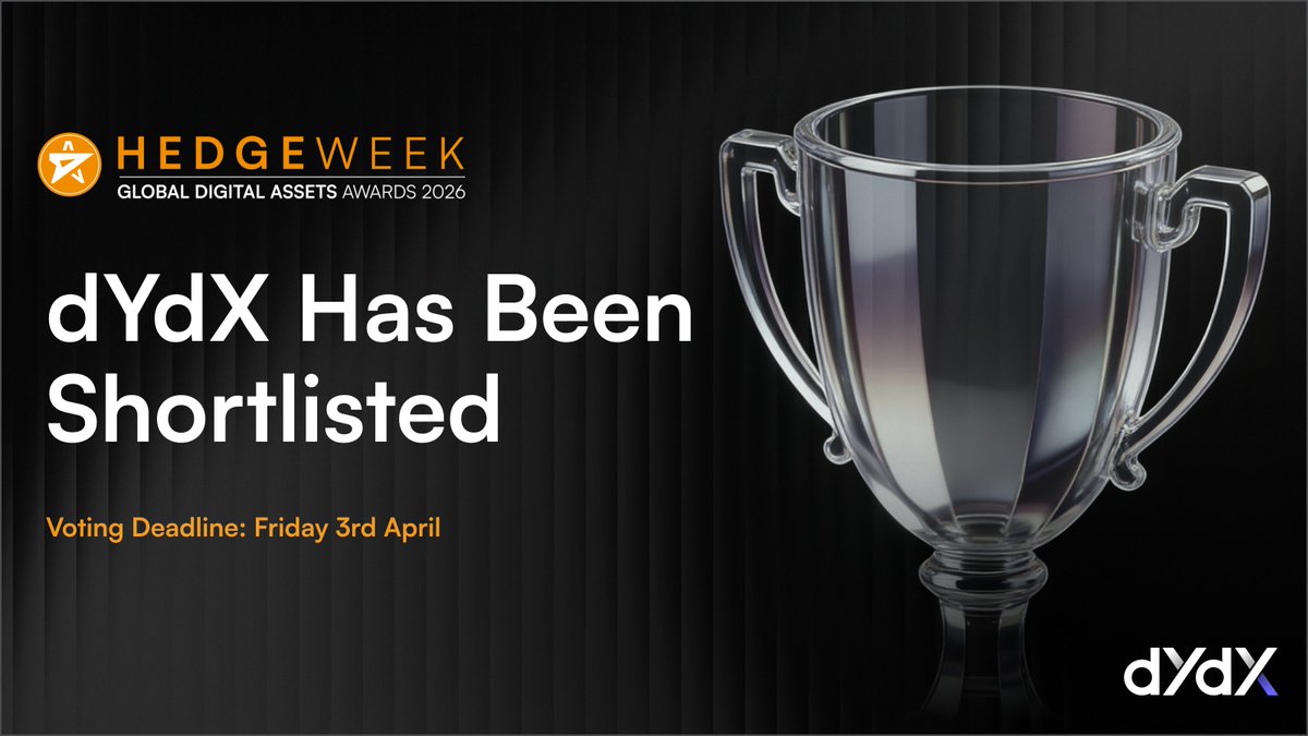 dYdX's tweet photo. dYdX has been shortlisted for Institutional DeFi Solution of the Year at the #Hedgeweek Global Digital Assets Awards 🏆
This recognition reflects our ongoing commitment to democratizing access to financial opportunity - and it wouldn’t be possible without your support. https://t.co/0RjPLkK4ro